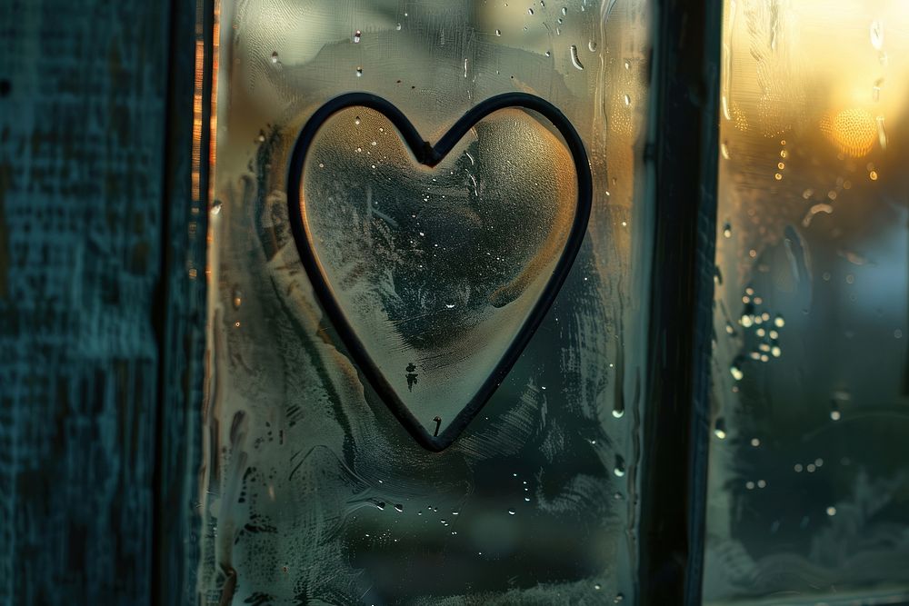 Heart silhouette window glass condensation.