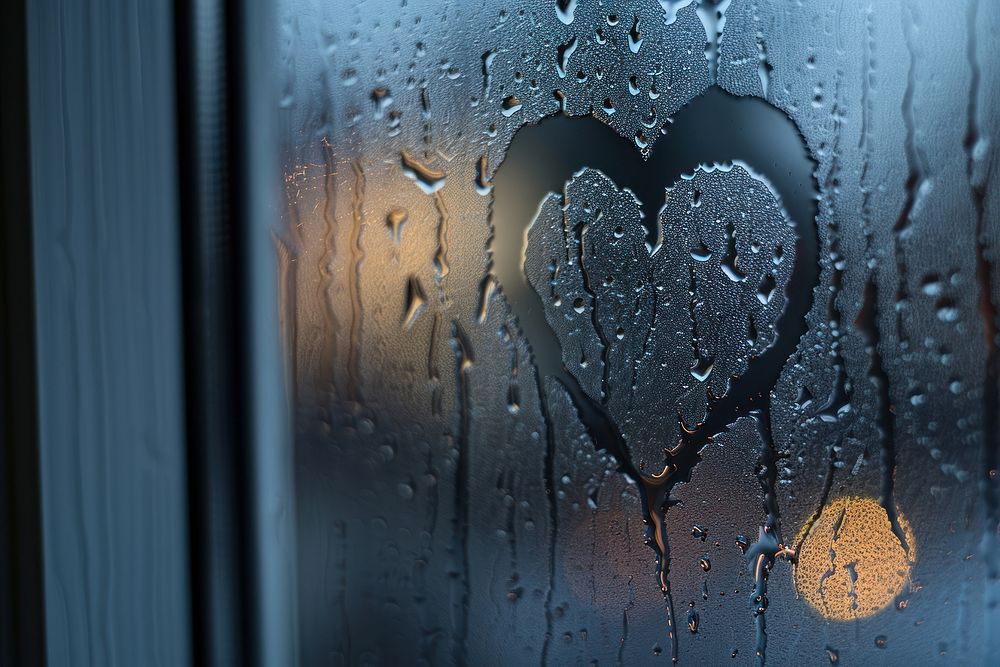 Heart silhouette written window glass condensation.