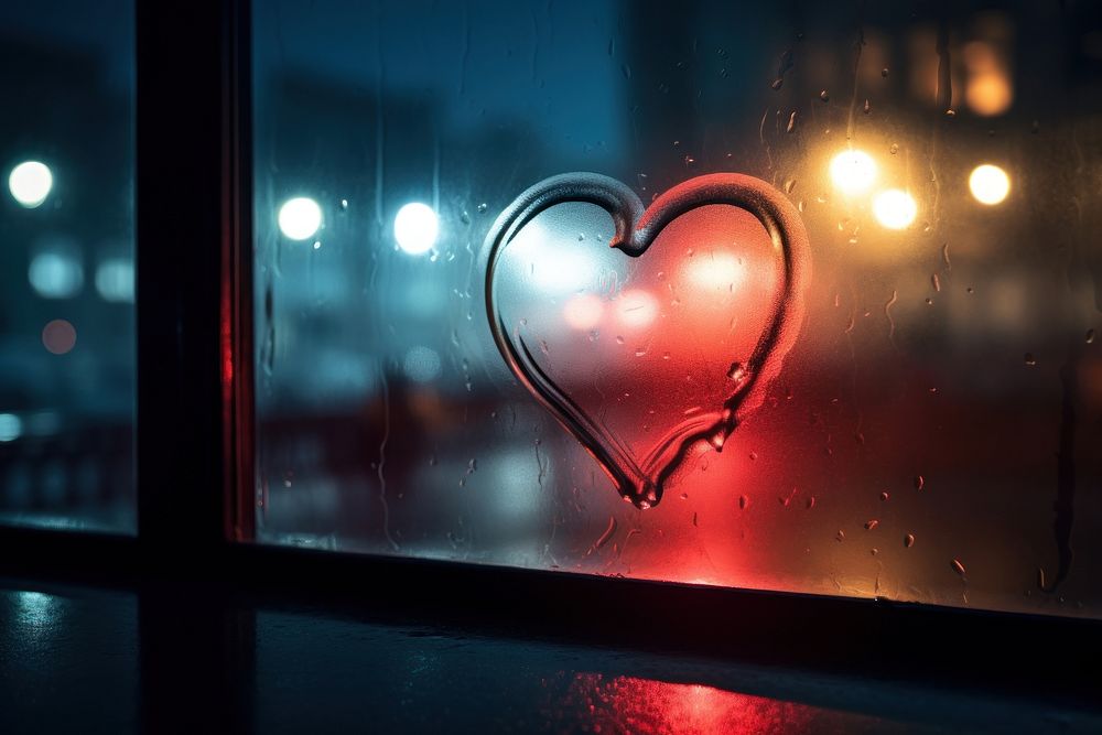 Heart silhouette written window glass night.