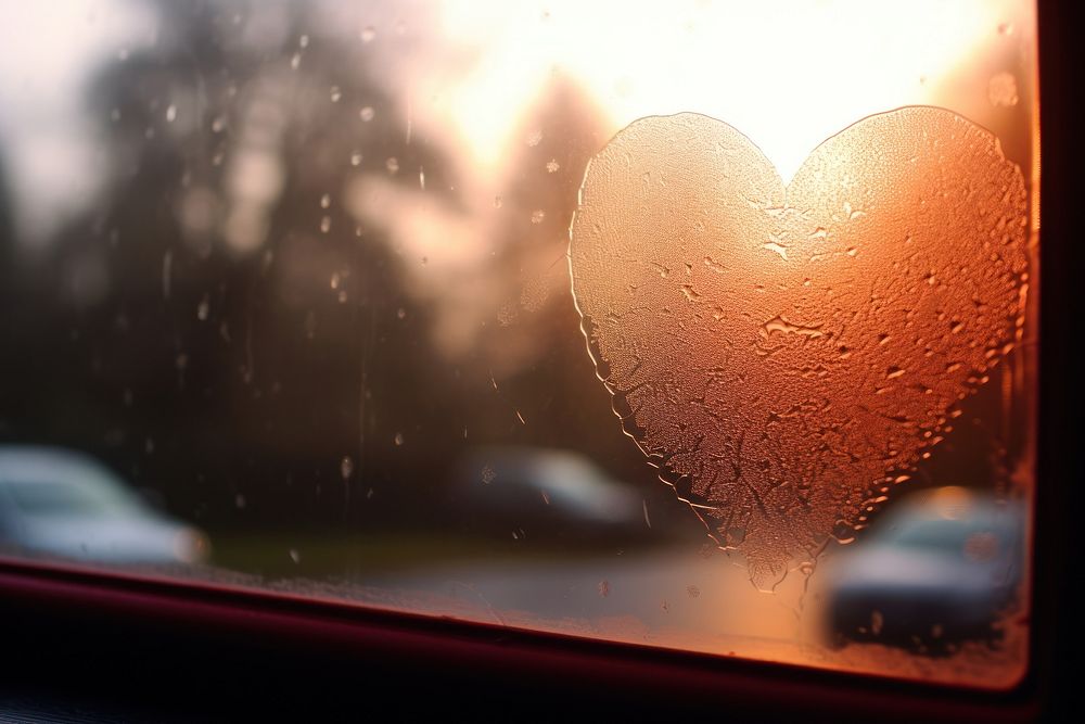Heart silhouette written vehicle window glass.