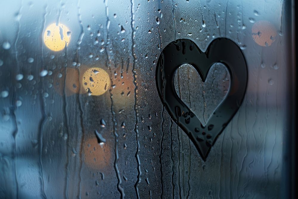 Heart silhouette written window glass condensation.