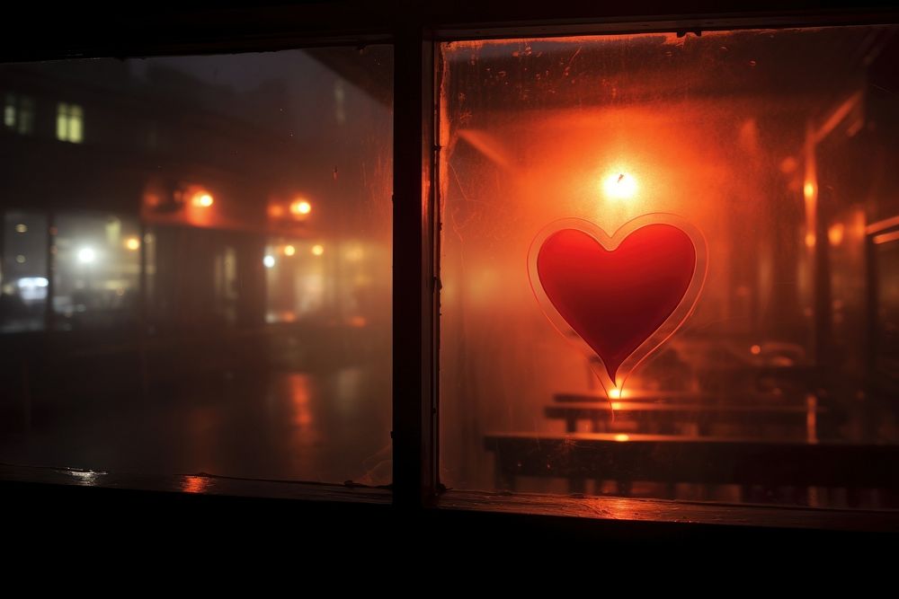 Heart silhouette written window glass night.