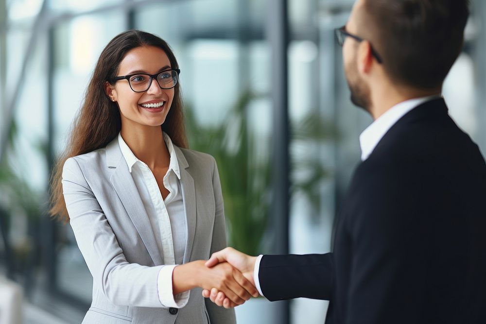 Smiling businesswoman greeting office adult hand.