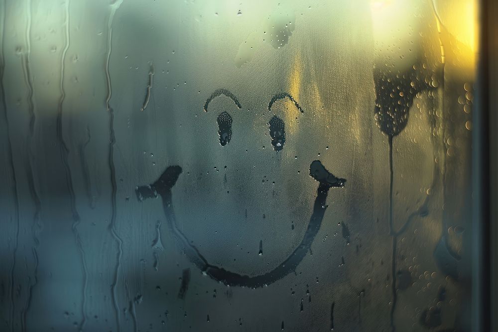 Smiley doodle silhouette window glass condensation.