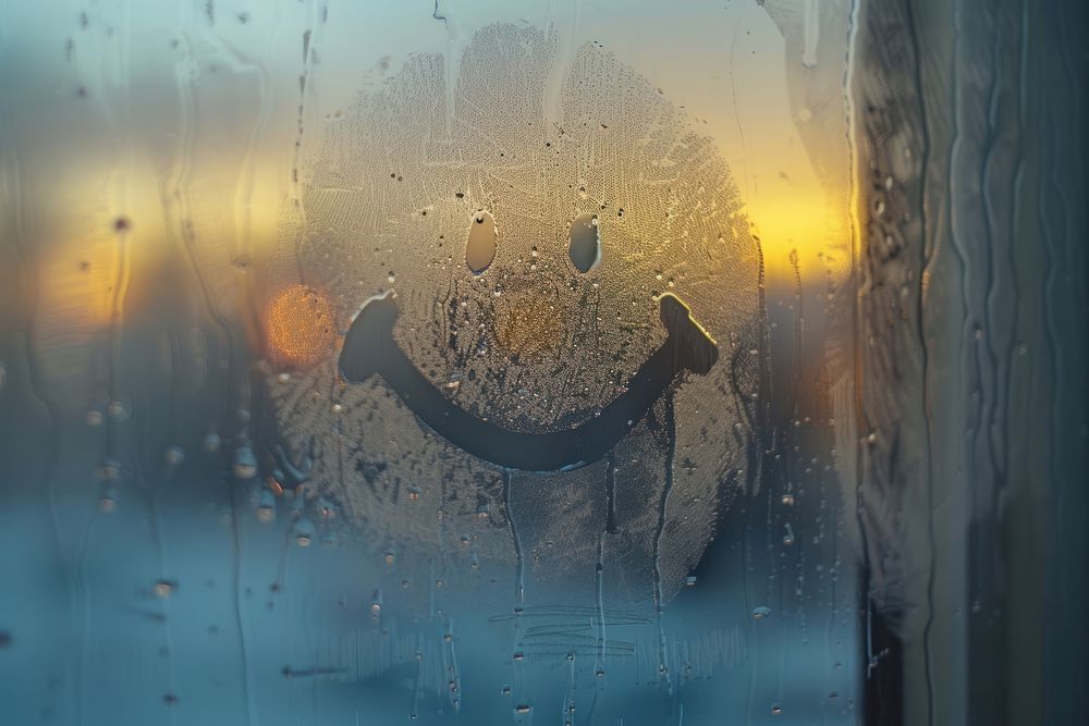 Smiley doodle silhouette window glass condensation.