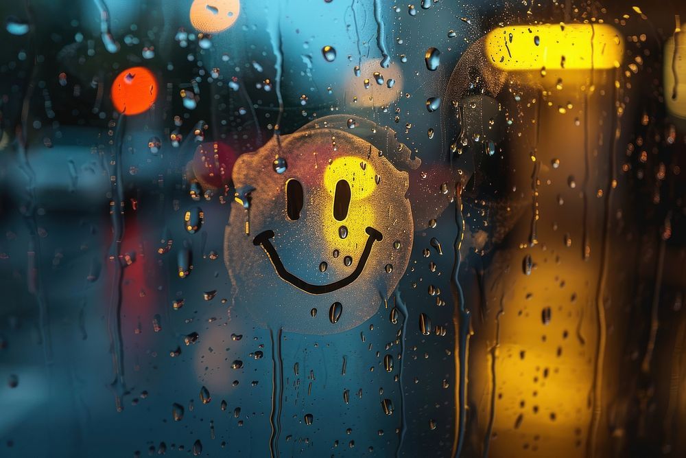Smiley doodle silhouette window glass rain.