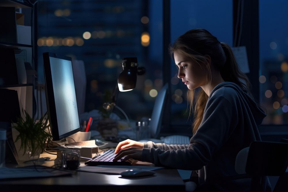 Woman works on her computer office adult night.