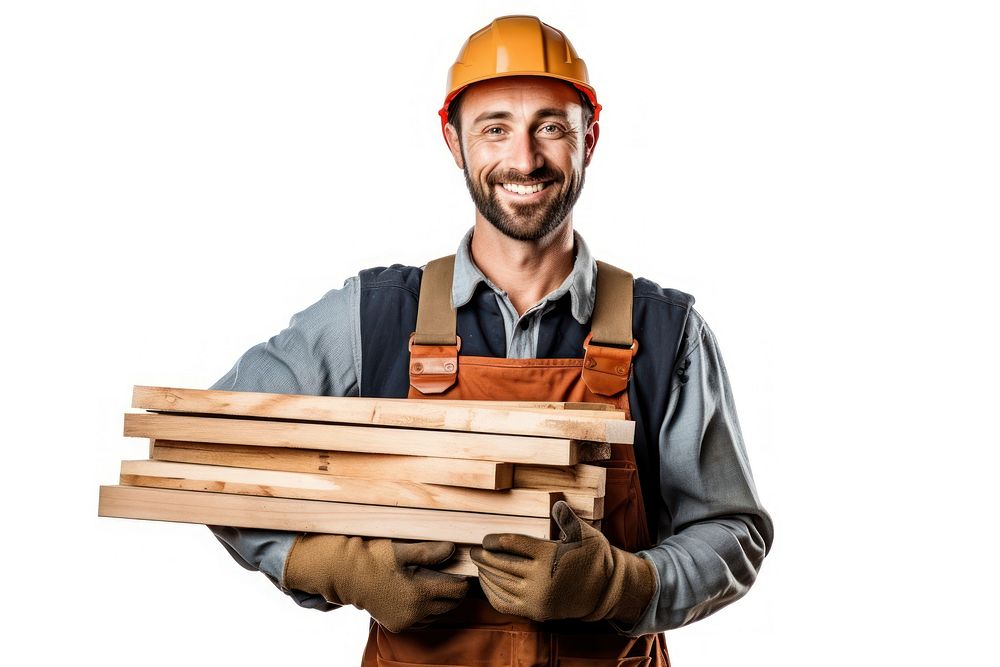 Portrait of a smiling carpenter holding wood planks portrait hardhat helmet.