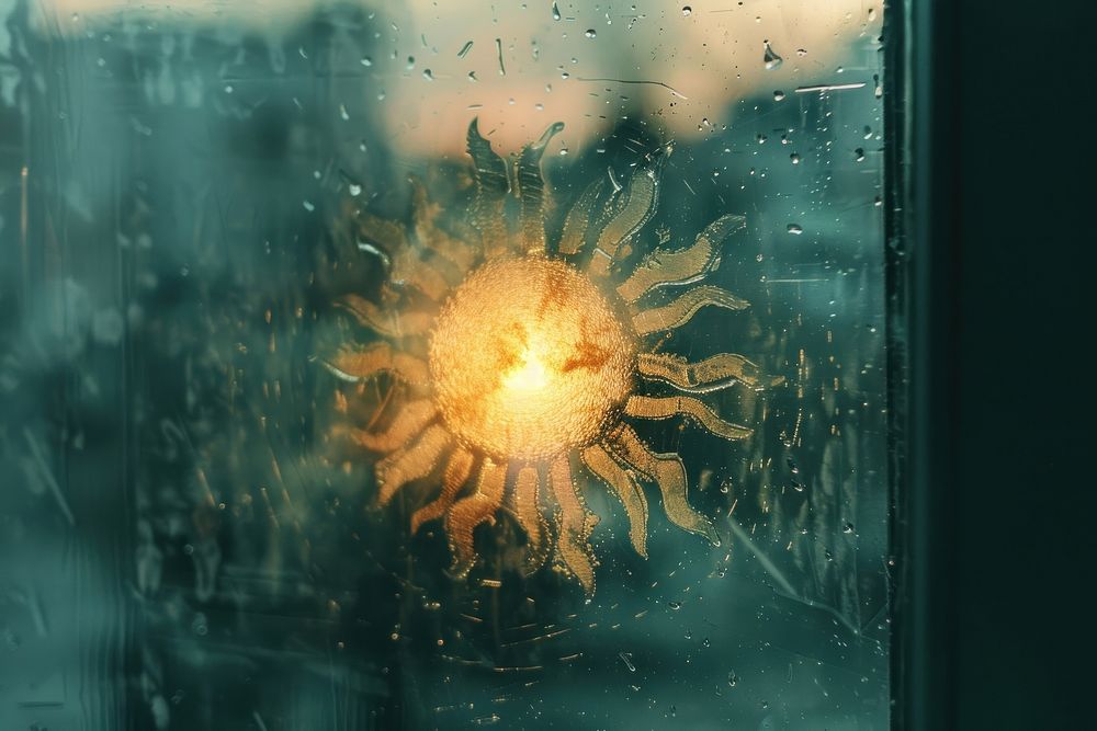 Sun doodle silhouette window glass condensation.