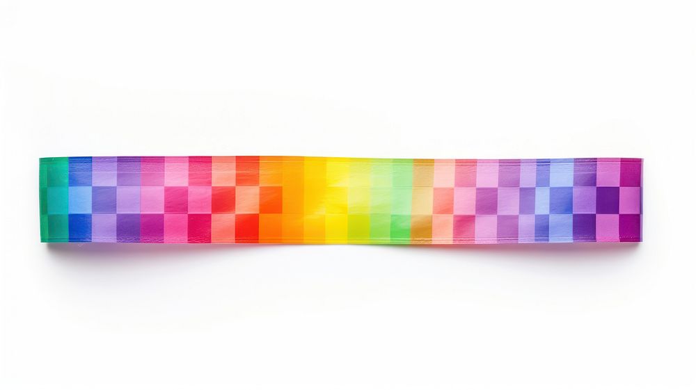 Gingham pattern adhesive strip rainbow purple white background.