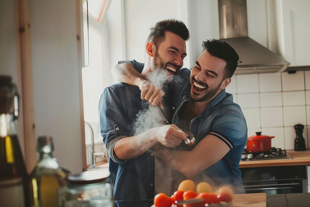 Gay couple kitchen adult togetherness.