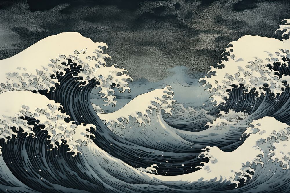 Sea waves art monochrome painting.