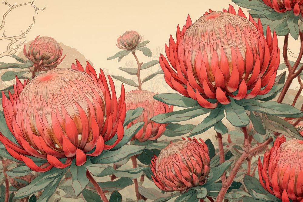Protea flower blooms plant red art.