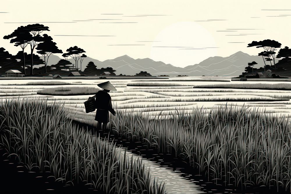 Rice field monochrome outdoors walking.