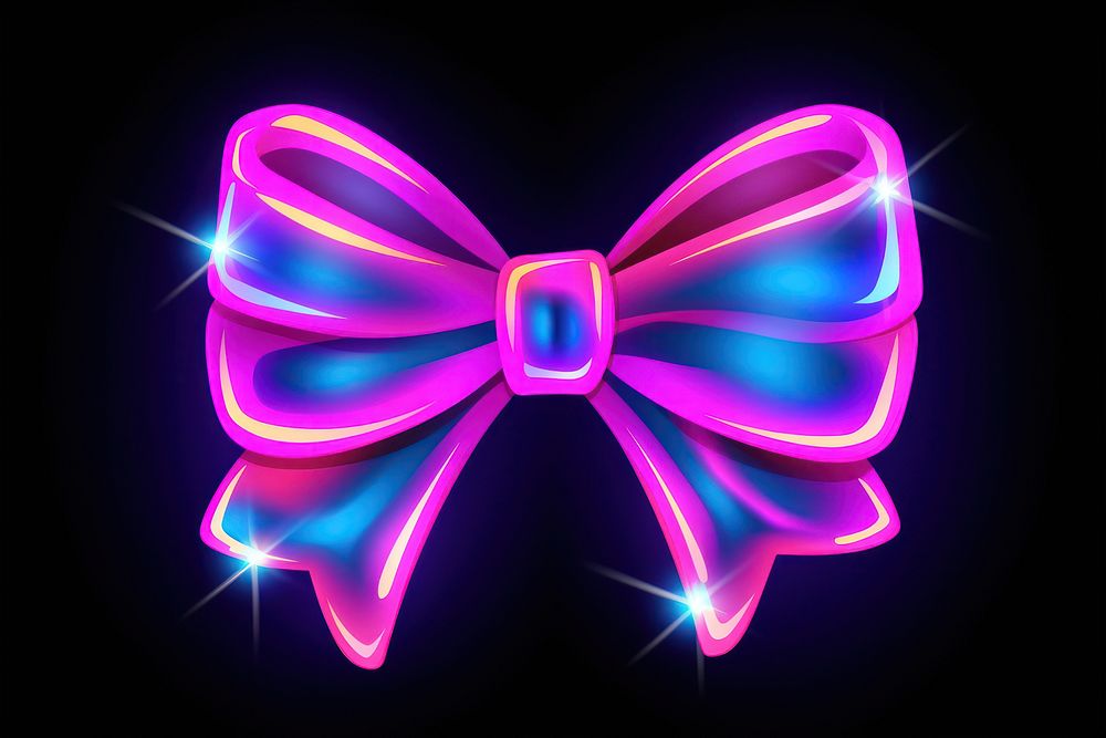 Neon ribbon bow png glowing purple light.