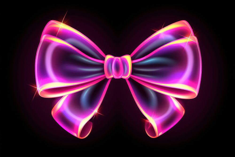 Neon ribbon bow png glowing purple light.