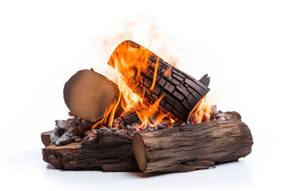 Wooden log with fire fireplace bonfire white background.