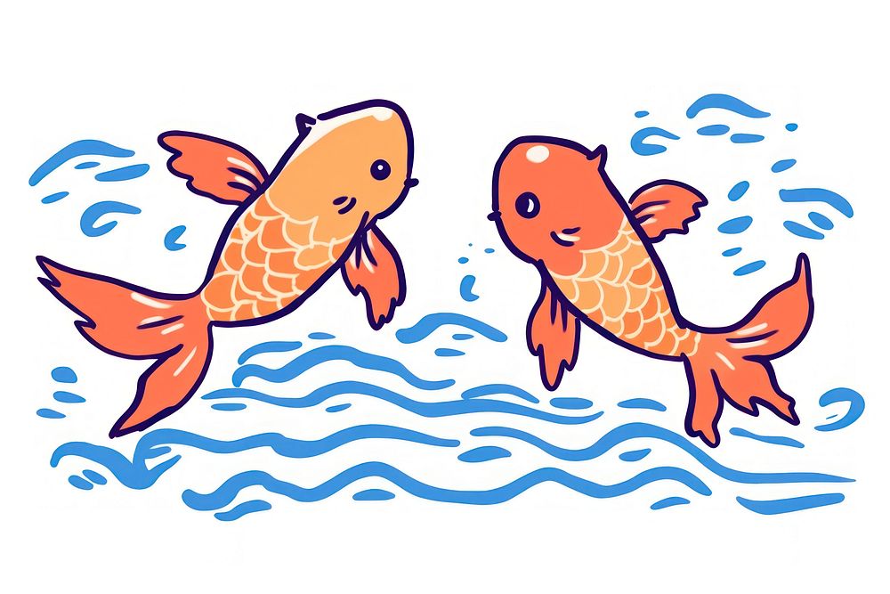 Two Japanese koi fish swimming cartoon animal.