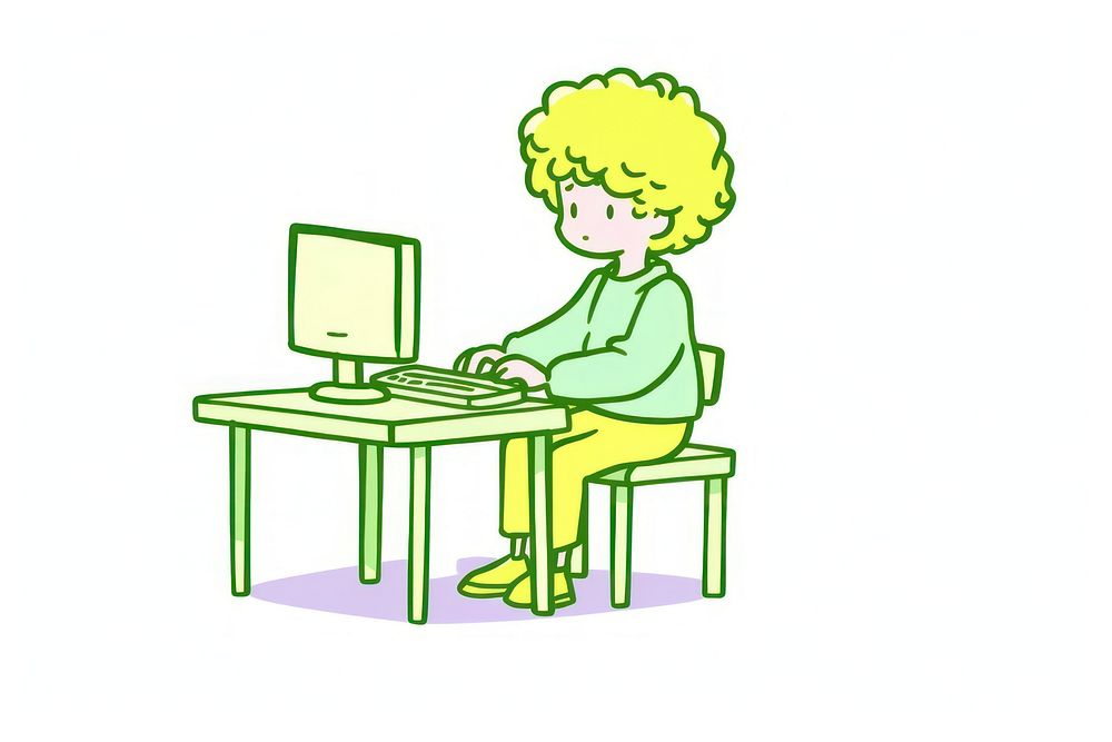 Kid playing computer furniture cartoon table.