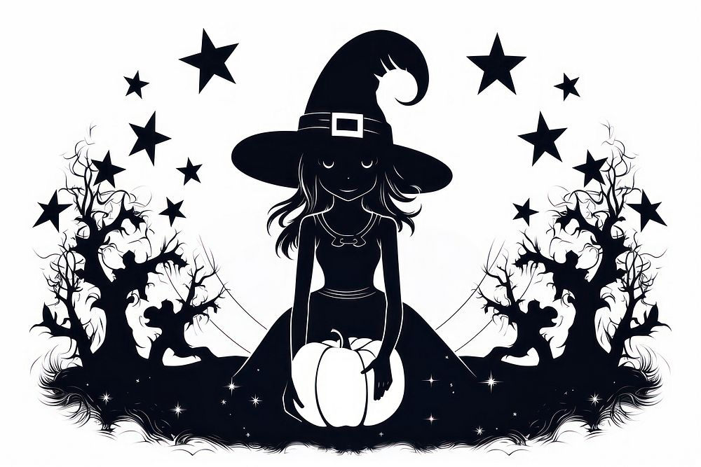 Witch silhouette cartoon jack-o'-lantern representation.
