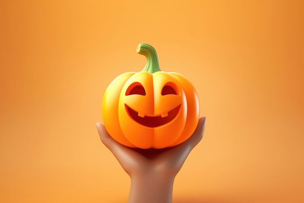 Hand holding halloween pumpkin cartoon anthropomorphic jack-o'-lantern.