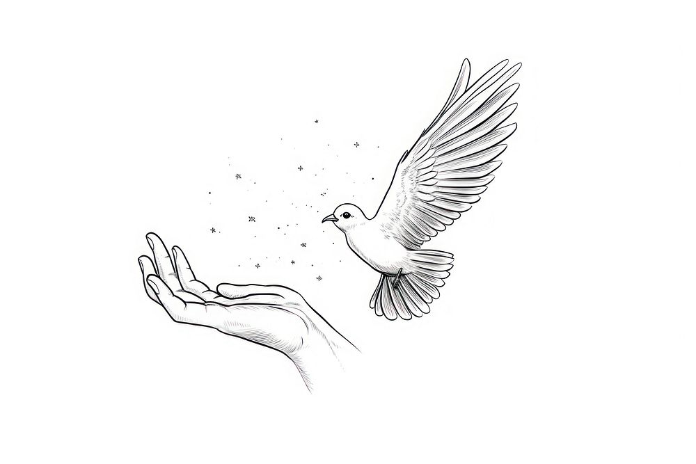 Hand holing dove drawing sketch white.