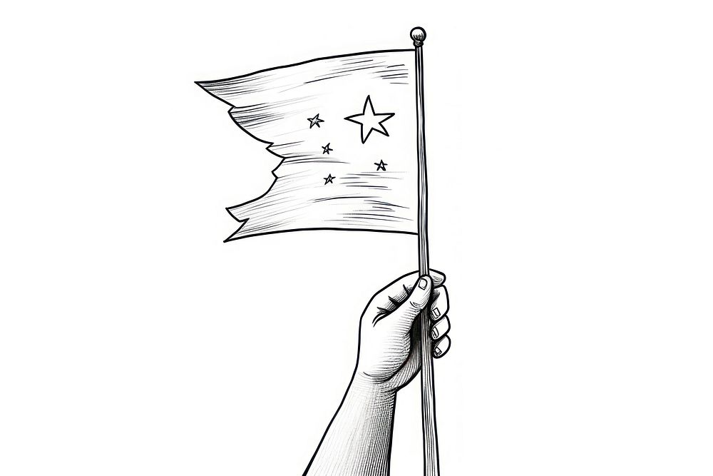 Hand holding a small flag drawing sketch white.
