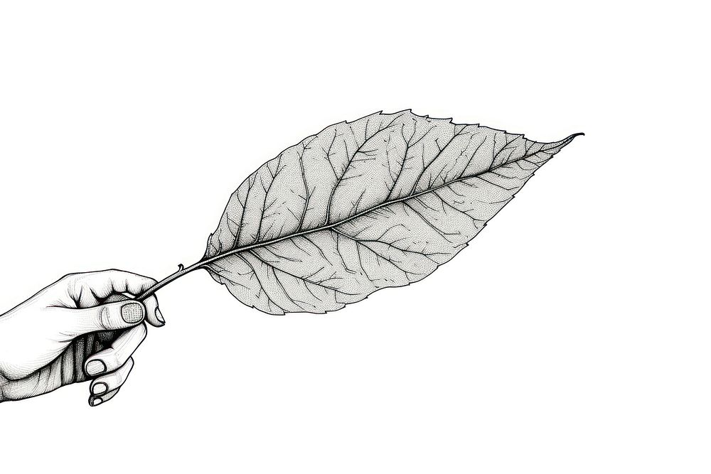 Hand holding leaf drawing sketch plant.