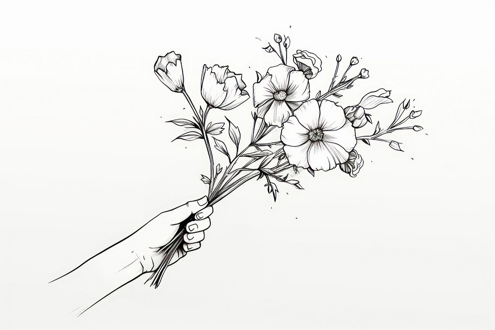Hand holding bouquet drawing sketch plant.