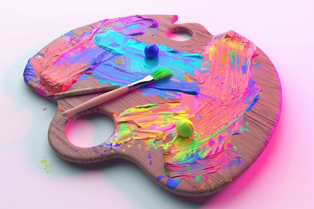 Wooden art palette with blobs of paint and a brushes wood creativity biology.