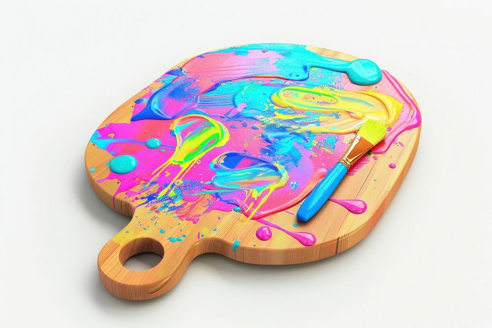 Wooden art palette with blobs of paint and a brushes food wood white background.