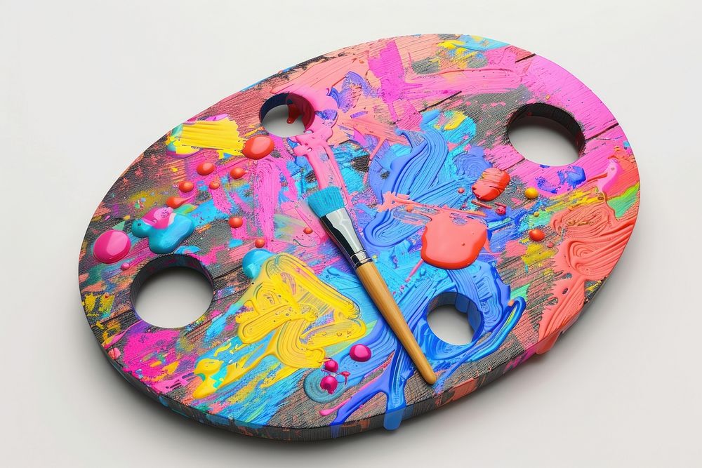 Wooden art palette with blobs of paint and a brushes creativity paintbrush scissors.