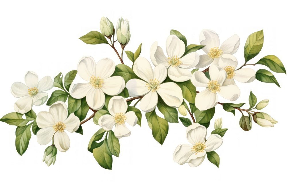 Vintage drawing jasmine flowers plant white white background.