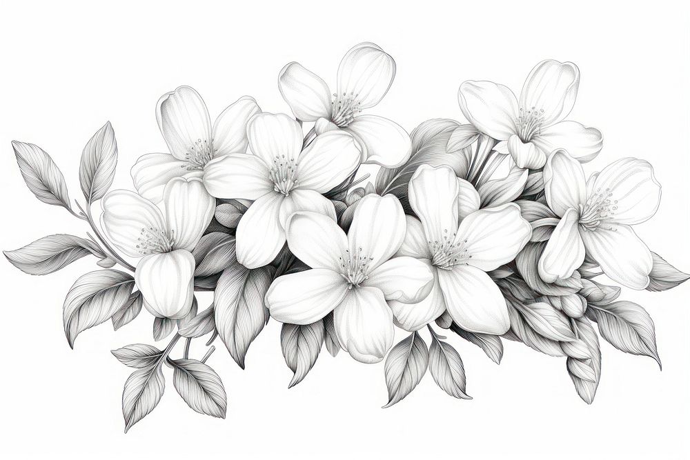 Vintage drawing jasmine flowers sketch white white background.