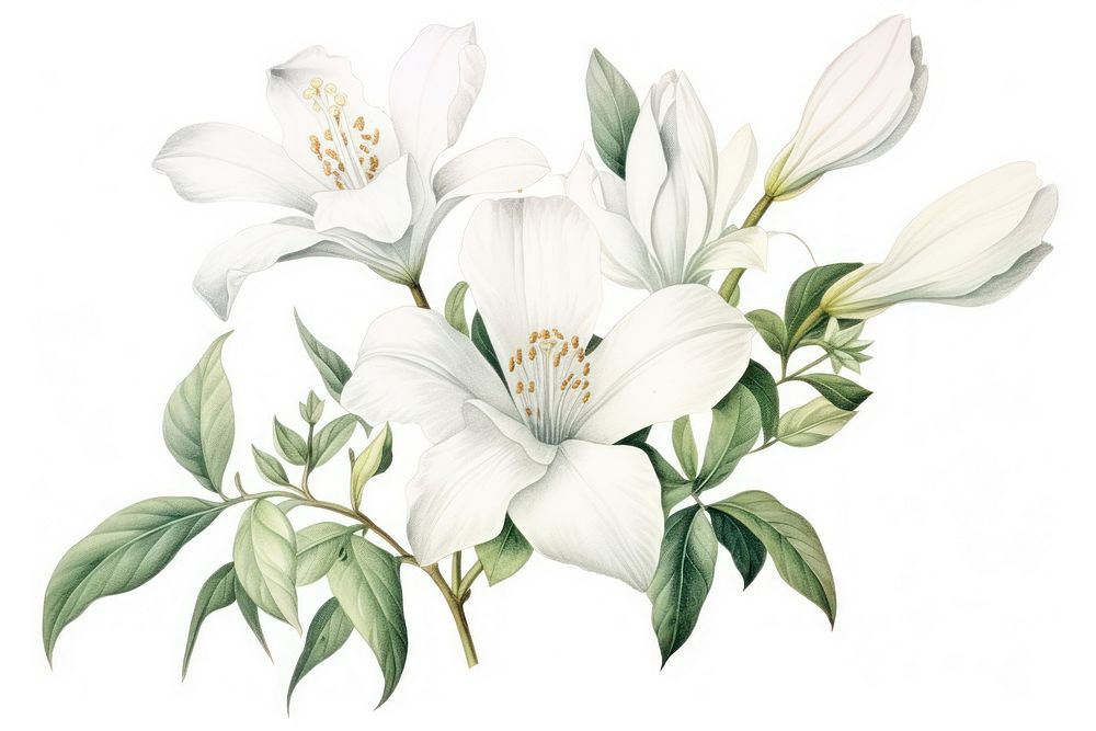 Vintage drawing white botanical flower blossom plant.