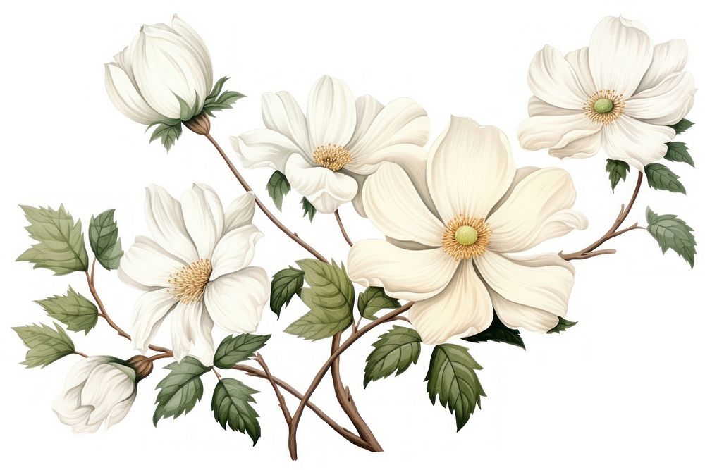 Vintage drawing white botanical flower plant white background.