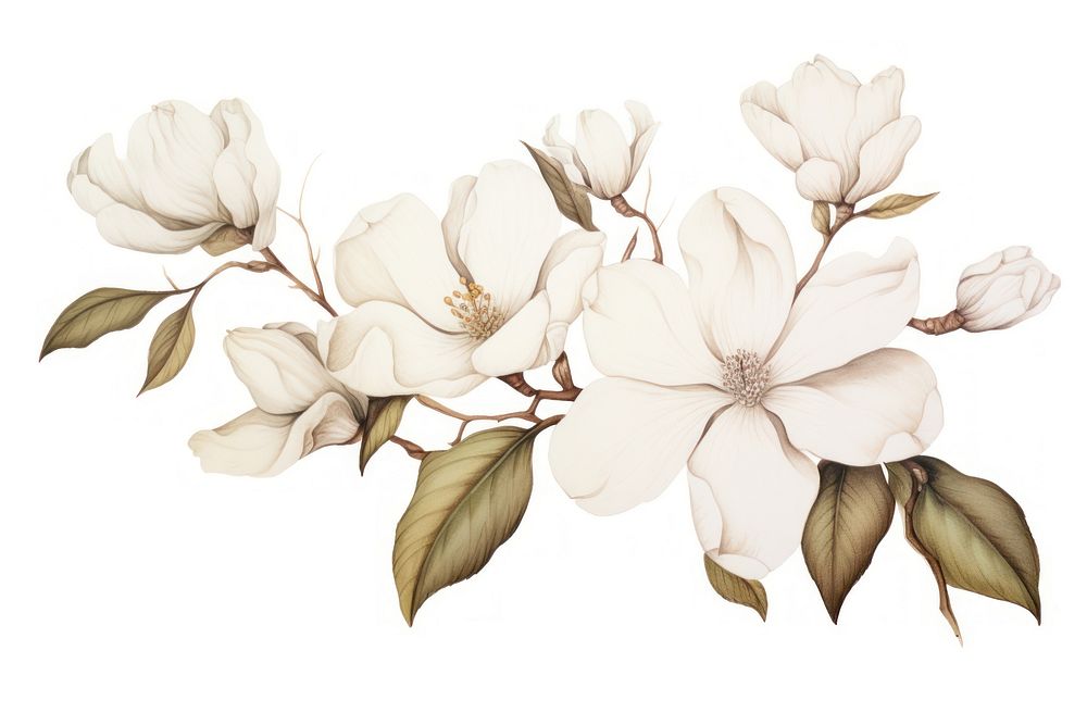Vintage drawing white botanical flower blossom sketch.