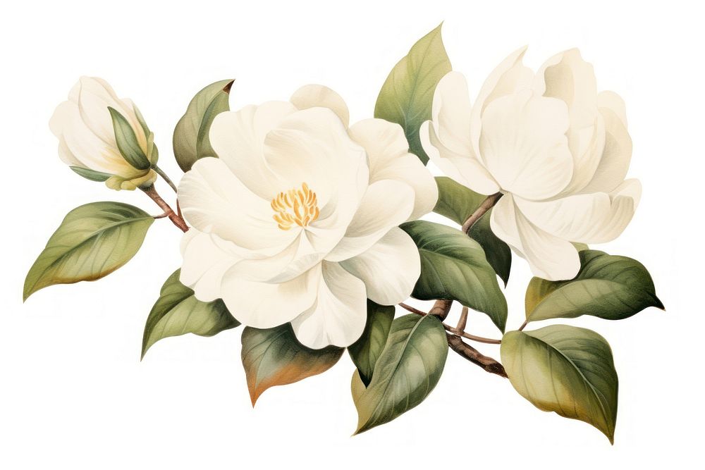 Vintage drawing white flower blossom plant rose.