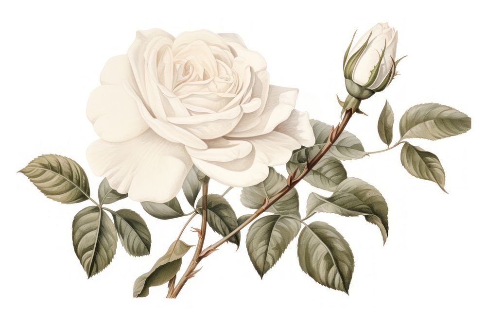 Vintage drawing white rose flower plant white background.