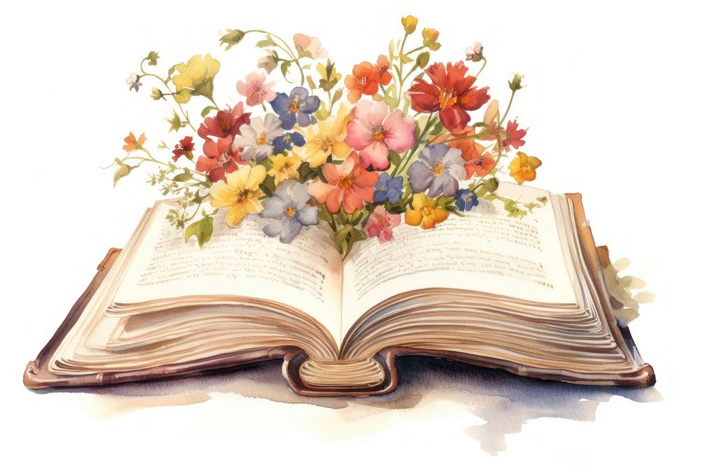 Illustration of open book flower art publication.
