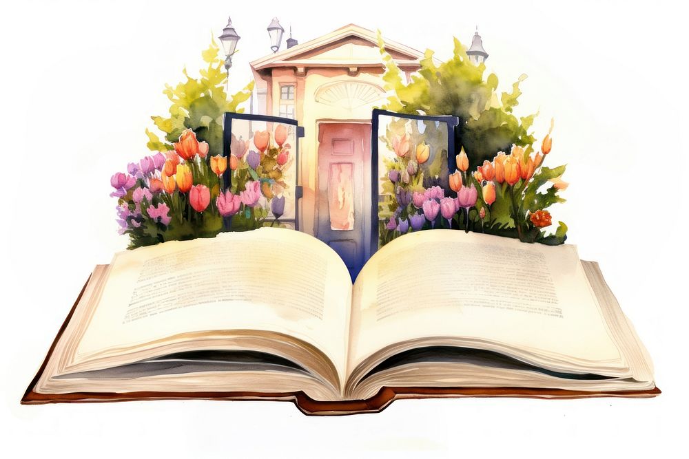 Illustration of open book publication reading flower.