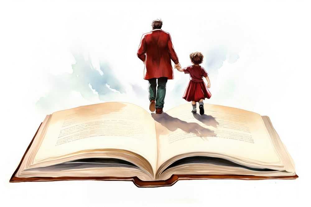 Illustration of open book publication reading adult.
