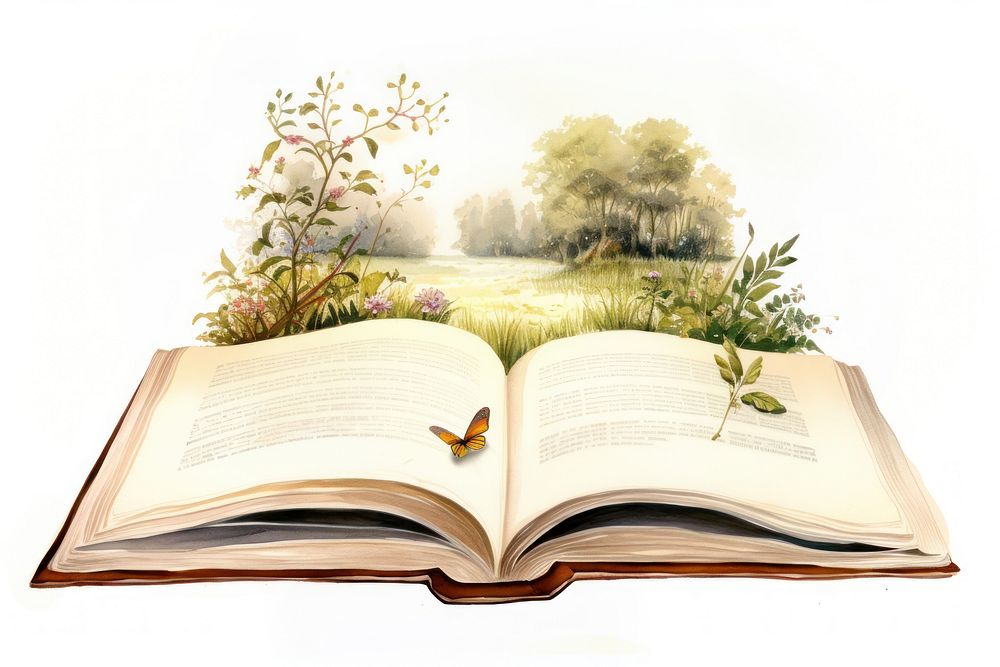 Illustration of open book publication reading nature.