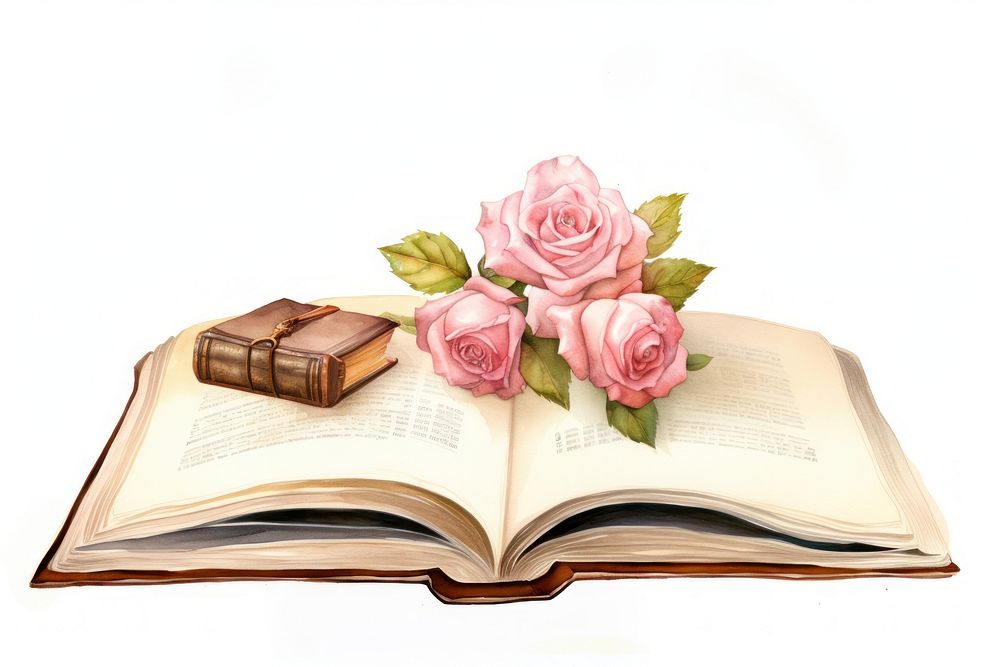 Illustration of open book rose publication flower.