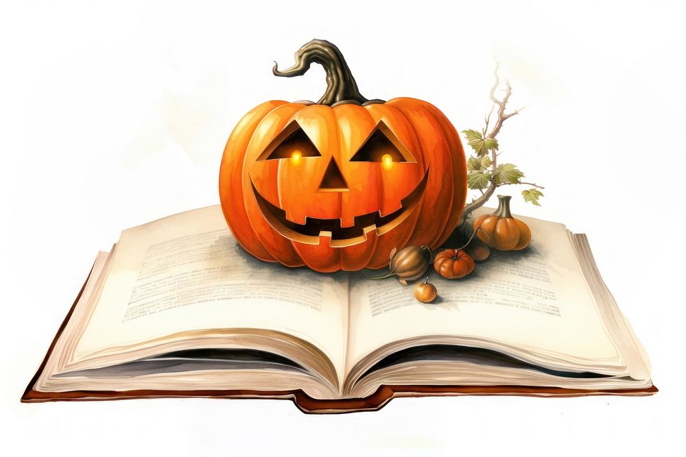 Illustration of open book halloween publication pumpkin.