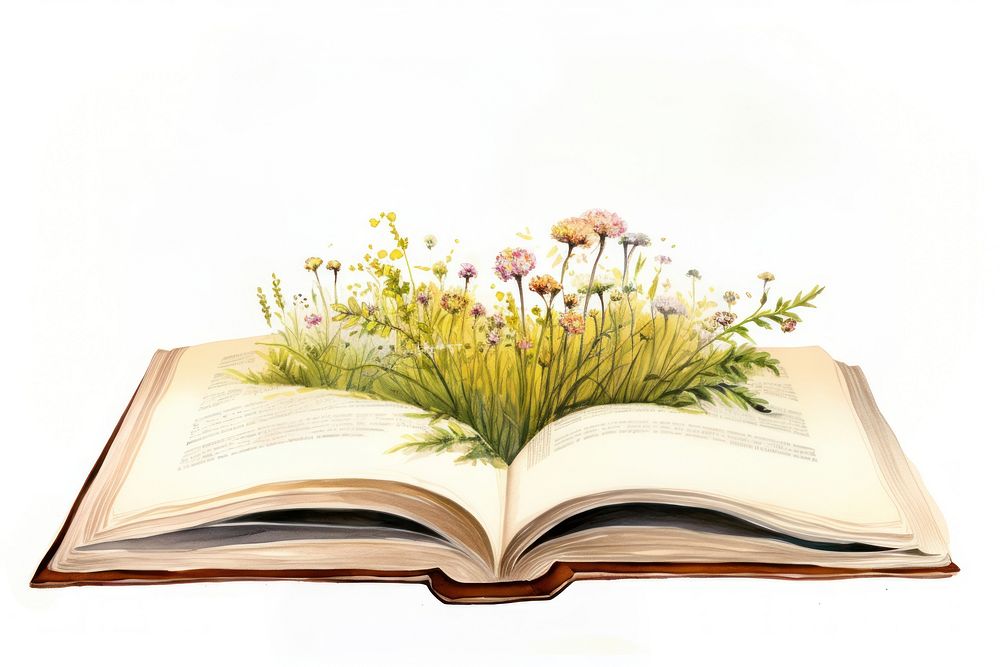 Illustration of open book publication reading flower.