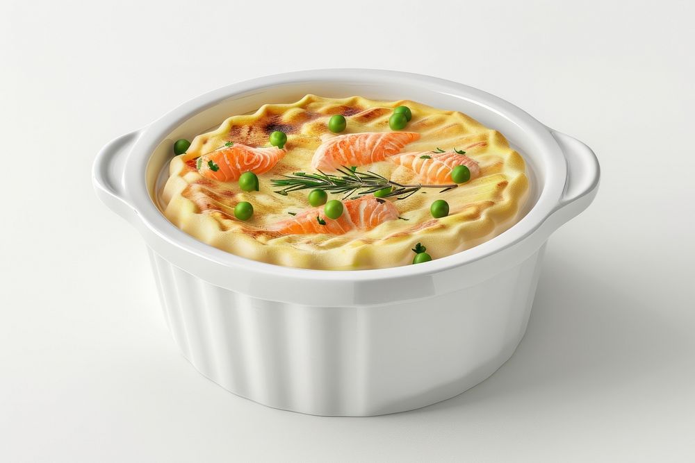 British fish pie in a white ceramic food meal dish.