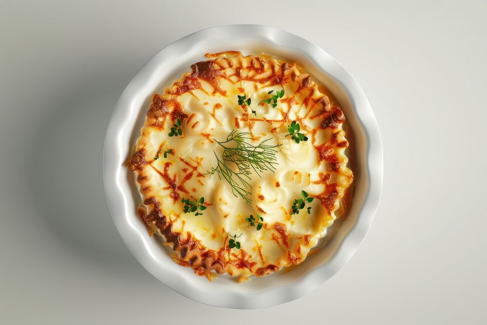 British fish pie in a white ceramic plate food meal.