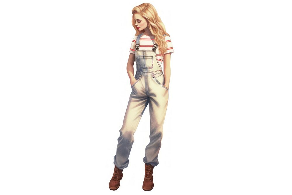 A pretty blonde at a county fair posing in a pair of micro overalls denim jeans white background.