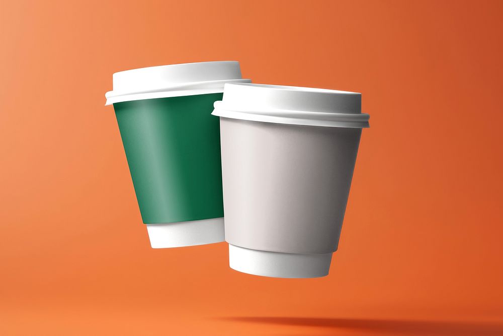 Green and beige disposable coffee cups